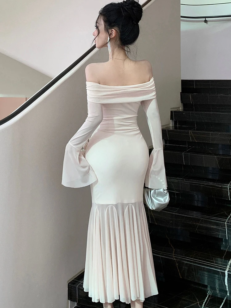 Robe longue à volants en maille Patchwork pour femmes, couleur unie, élégante, manches évasées, col Slash, automne hiver, robe de bal moulante coréenne, 2025