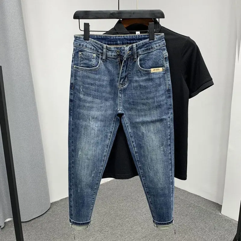 Jeans slim blu casual di alta qualità moda lusso Harajuku primavera e autunno per uomo nuovi pantaloni a matita design 2024 jeans denim