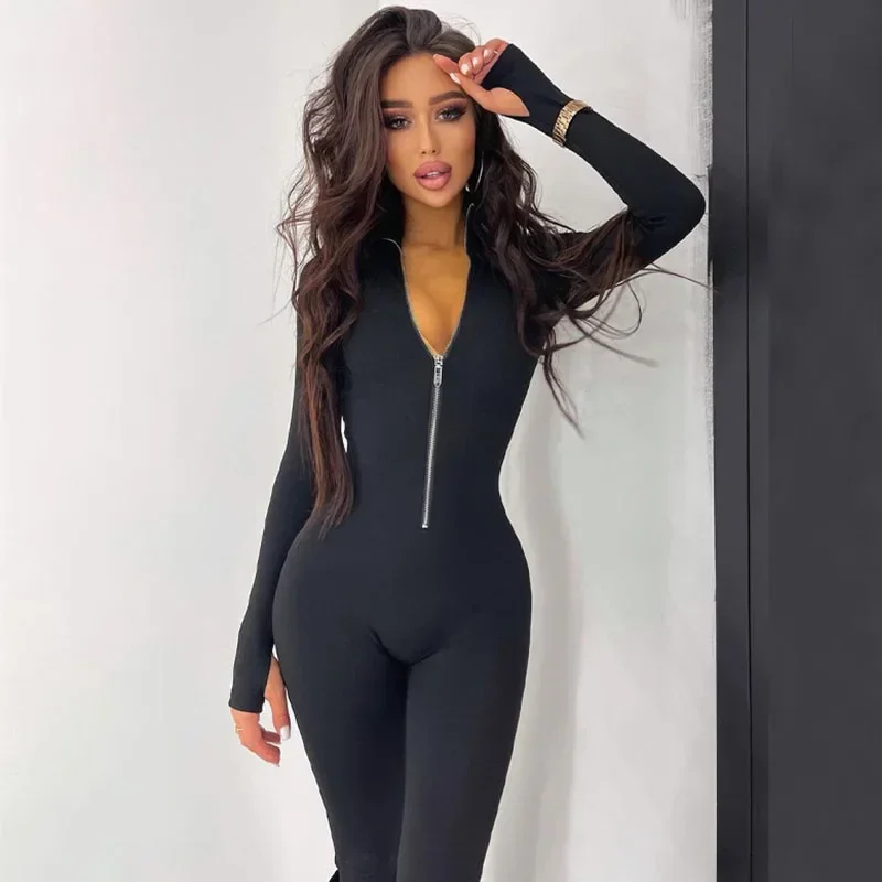 

Solid Casual Sporty Long Sleeve Jumpsuit for Women Front Zipper Skinny Slim Fit Activity Wear One Pieces Rompers Overalls Female