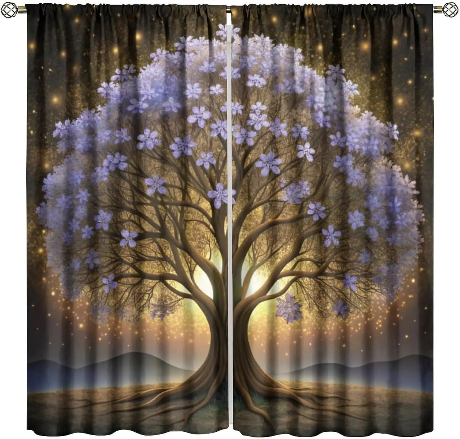 Glowing Tree of Life Window Curtains,Purple Floral Fantasy Night Sky with Sparkle Print Drapes, Magical Nature Decor for Bedroom