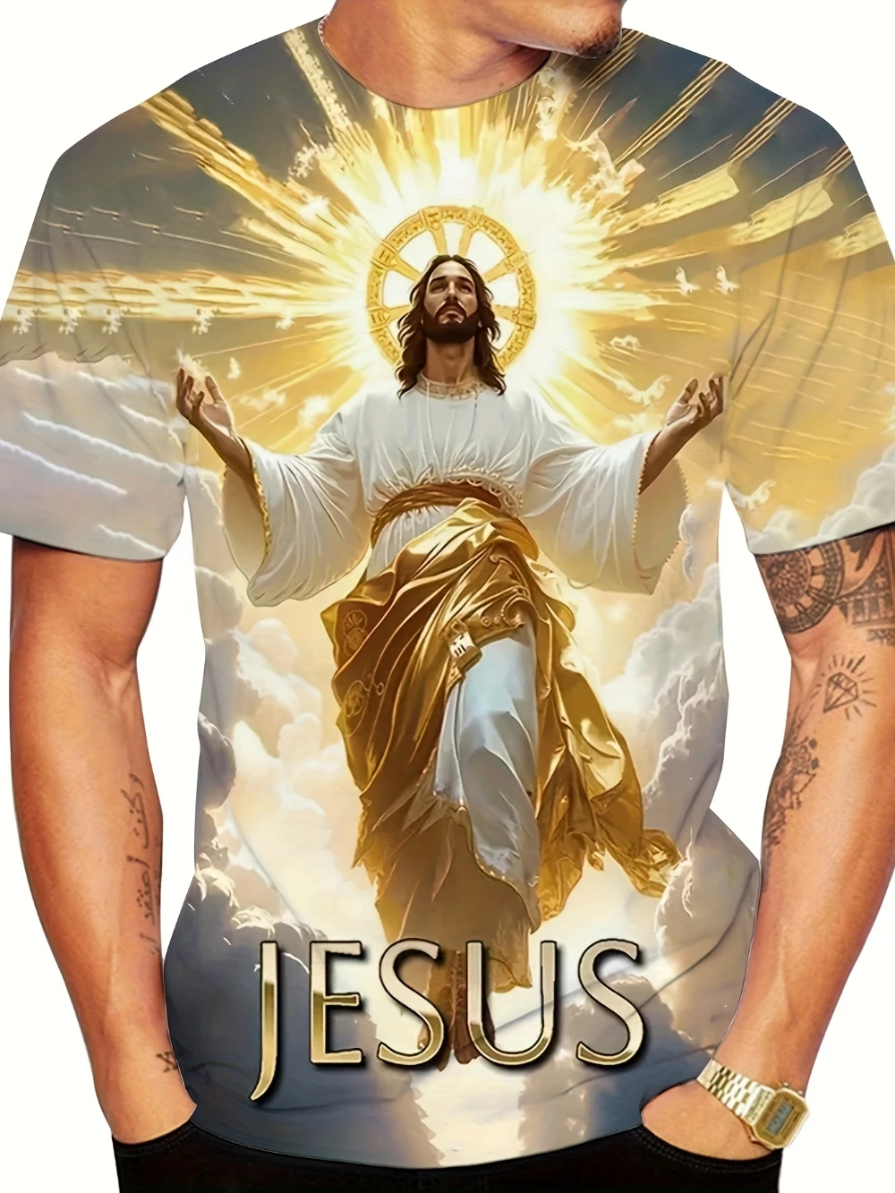 تي شيرت يسوع مطبوع ثلاثي الأبعاد للرجال كاجوال برقبة دائرية نمط صيفي خفيف الوزن وجيد التهوية قميص بطابع الكتاب المقدس ملابس مسيحية