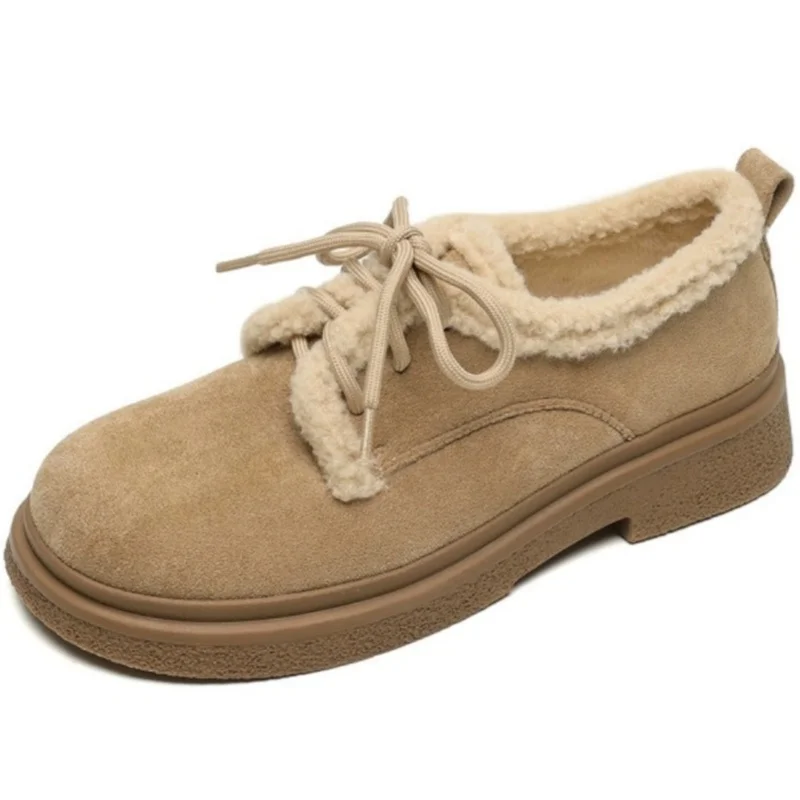 

Женские зимние ботинки на шнуровке в стиле ретро, увеличивающие рост с круглым носком, сохраняющие тепло, туфли Madam на толстой подошве, зимние женские туфли на мелкой подошве