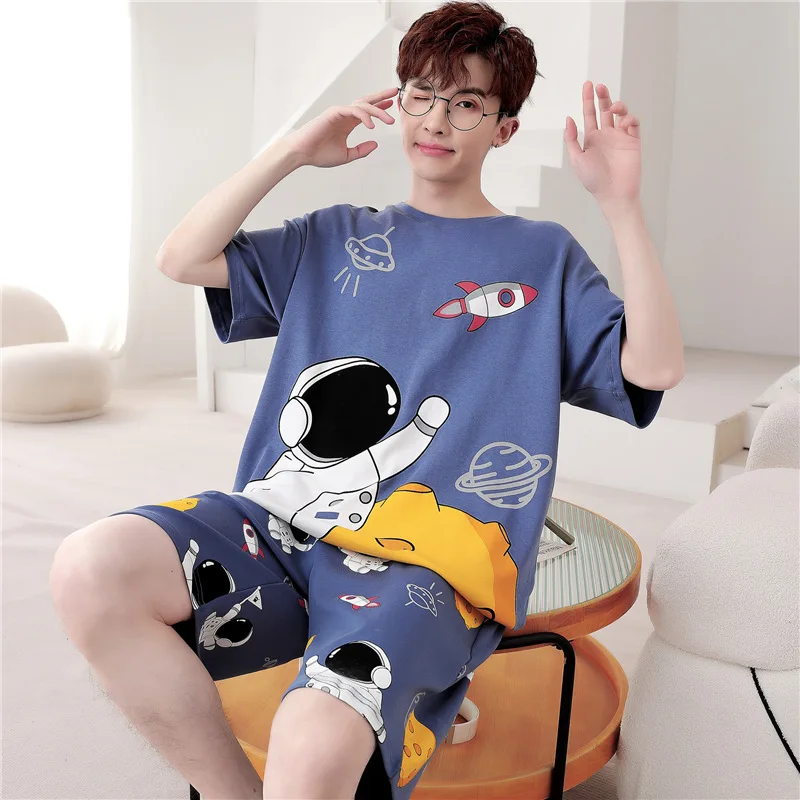 

New Summer Pijama Sets For Women Men 2PCS Adult Korean Loose Space Astronaut Sleepwear Pyjama Male Loungewear Cotton Pijamas