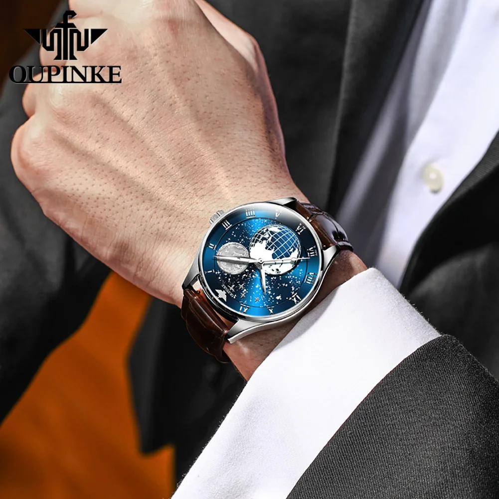 OUPINKE 3177 ساعة رجالي حزام من الجلد ساعة ميكانيكية أوتوماتيكية بالكامل مقاوم للماء مضيئة Reloj الساعات الأصلية الفاخرة الرجال