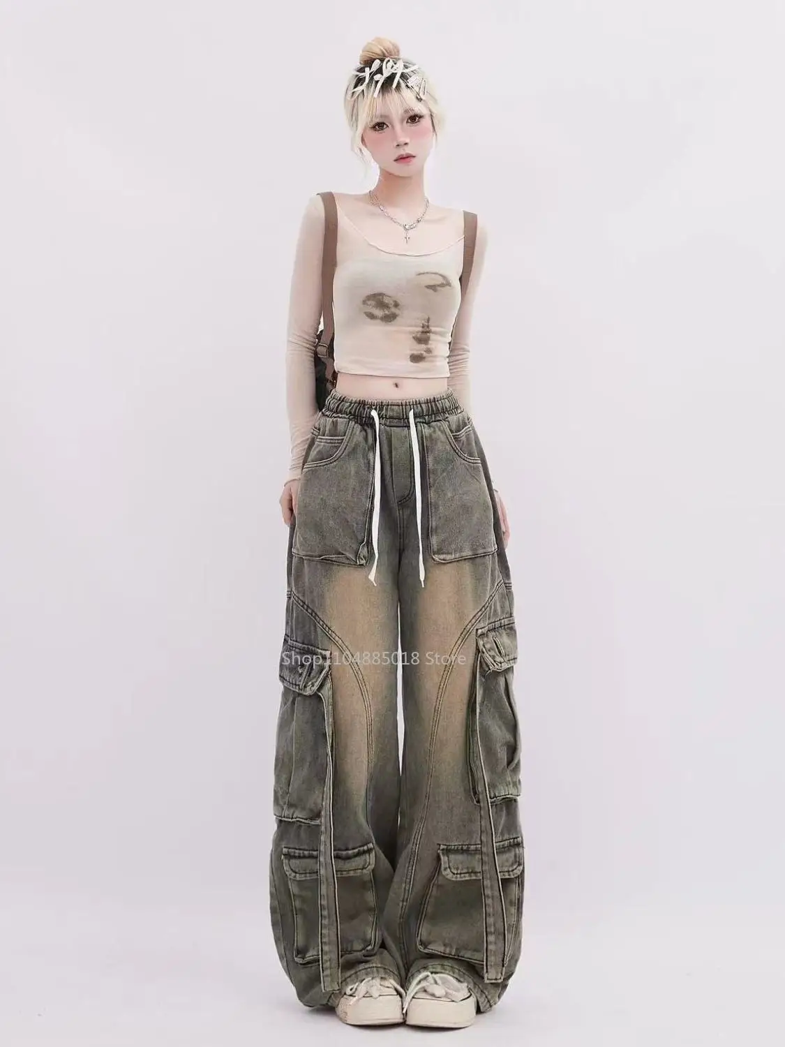 Streetwear Harajuku Y2k Vintage Cargo Jeans Women American Retro 2000s Baggy Wide Leg Denim Trousers Trashy Cargo Pants