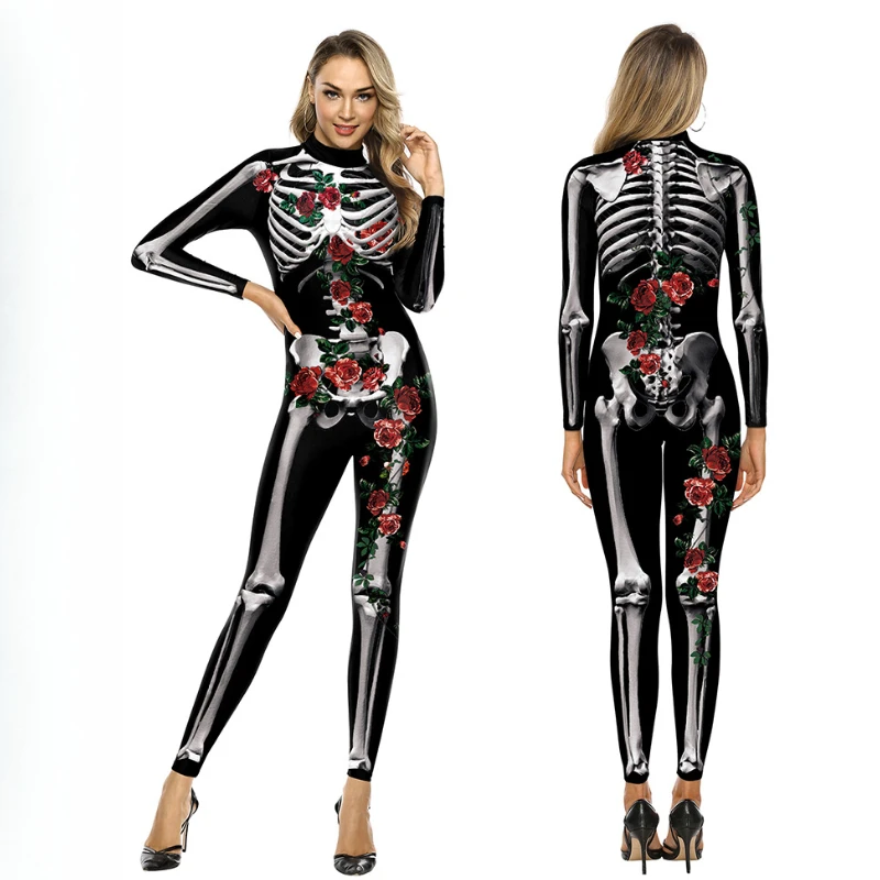 

Halloween Costumes Rose Skeleton Scary Costume For Women Festival Performance Matching Outfit Long Sleeve Stage Slim Jumpsuit