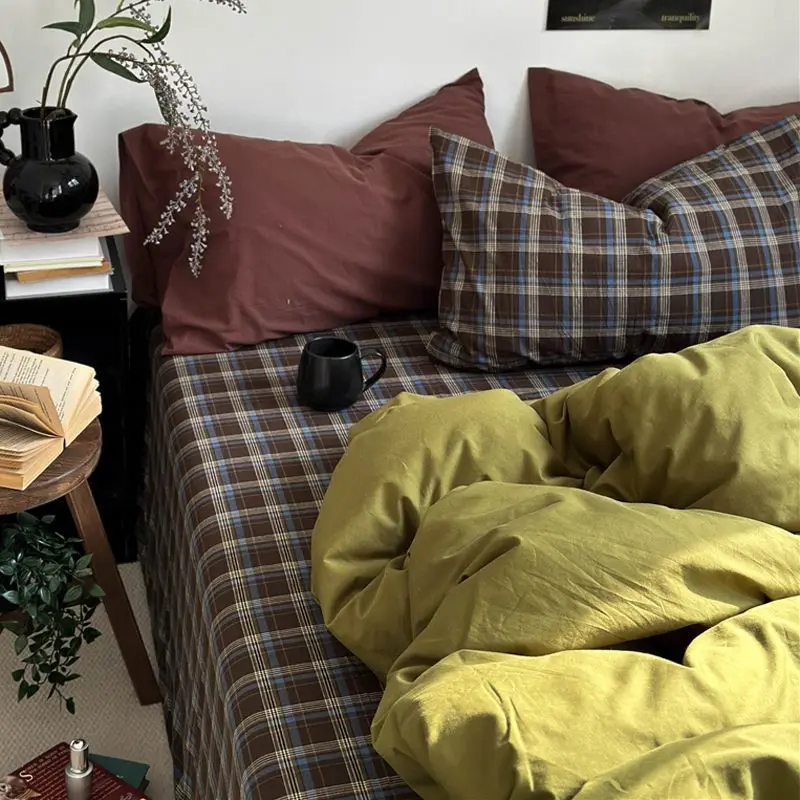 

Комплект постельного белья в зеленую клетку без наполнителя: пододеяльник, простыня, наволочка для девочек и мальчиков, для дома и отеля