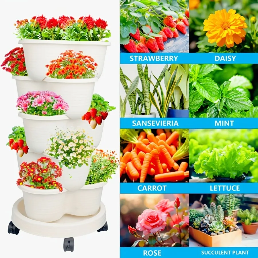 Vertical Space Saving 5+1 Stackable Planter Pot Kit, Multifunctional Home Gardening Growing Pots for Strawberry, Flower Planting
