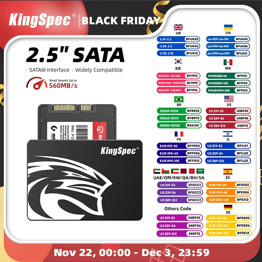 KingSpec SSD 2.5'' SATA3 256GB 64GB 128GB Hdd 512GB 1TB 2TB SSD Internal Disk Solid State Drive Hd for Laptop Desktop PC