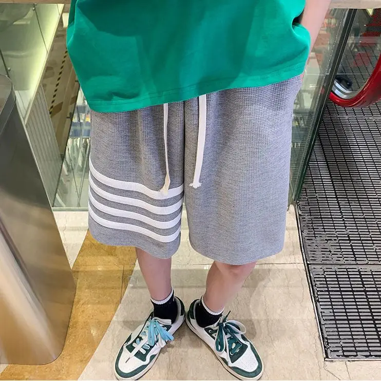 Summer waffle stitching striped sports shorts men's trendy brand Hong Kong style versatile high street casual pants sweatpants