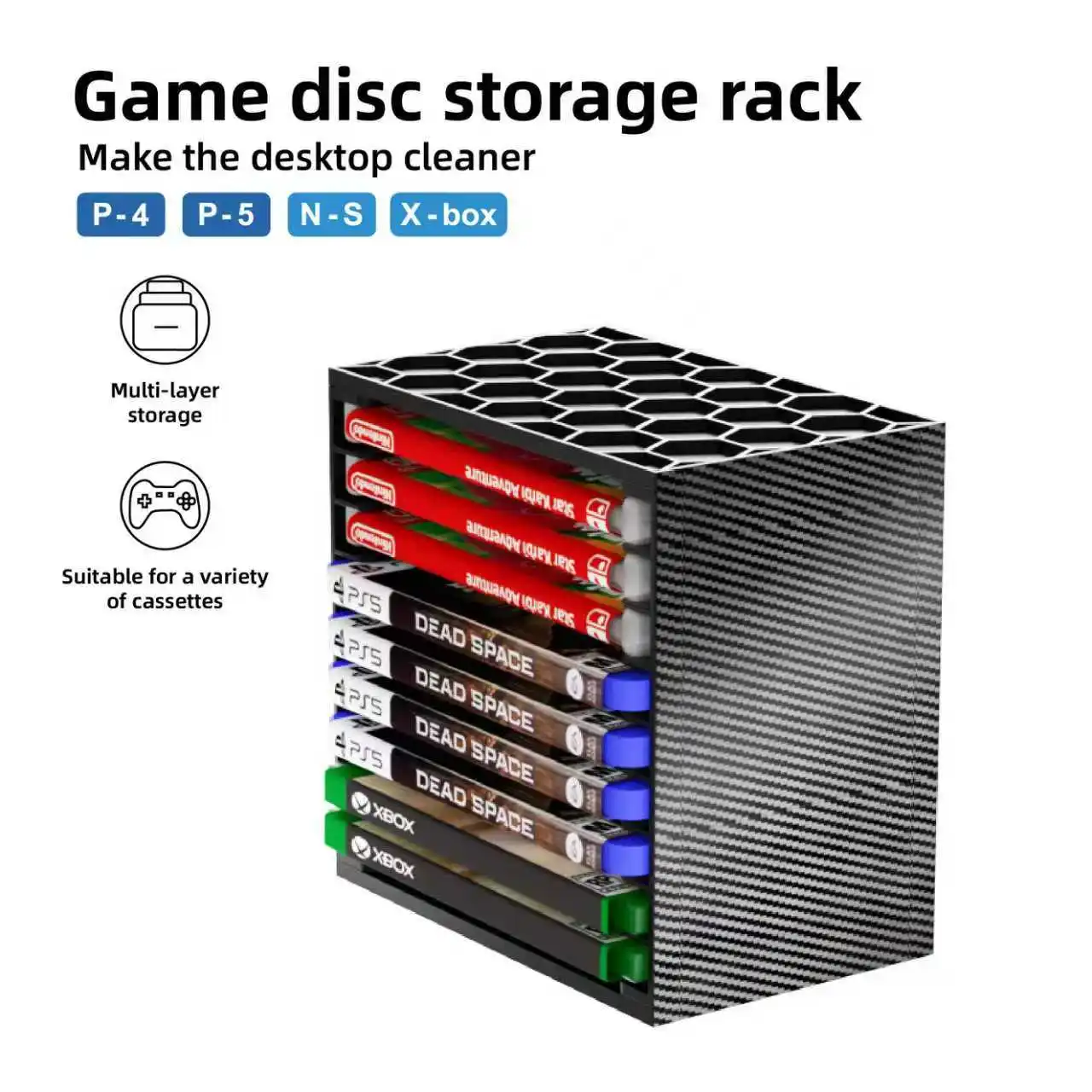 Multi-Layer Game Cassette Storage Rack, Desktop Game Disk Organizer for All Major Gaming Consoles, Space-Saving Design