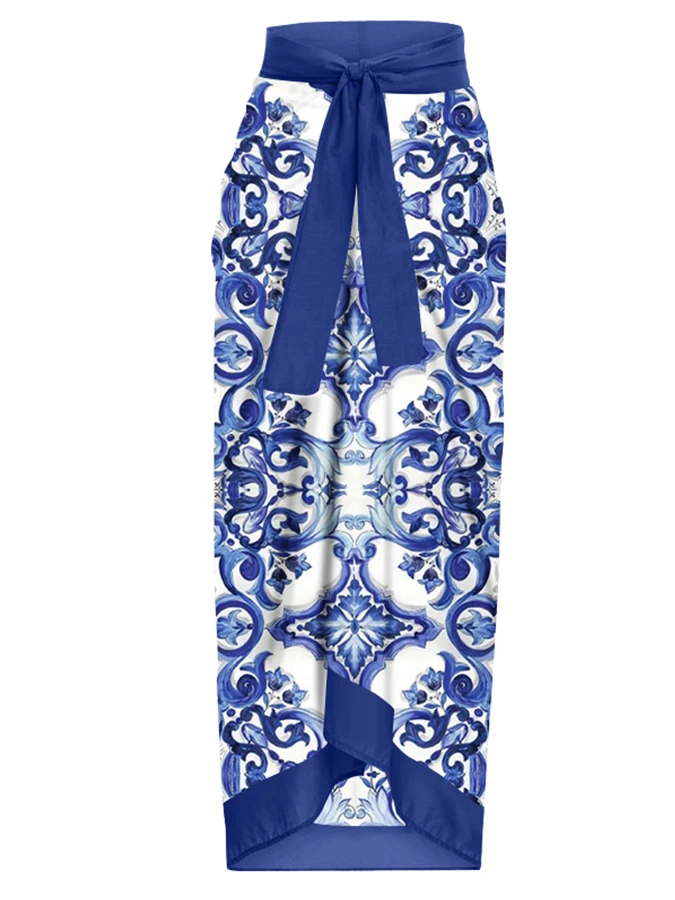 Vintage Blue Printed V-Neck Sexy Slim Gathering Bikini Set Elegant Bow Strap Swimsuit Backless High Waist One-Piece Beachwear