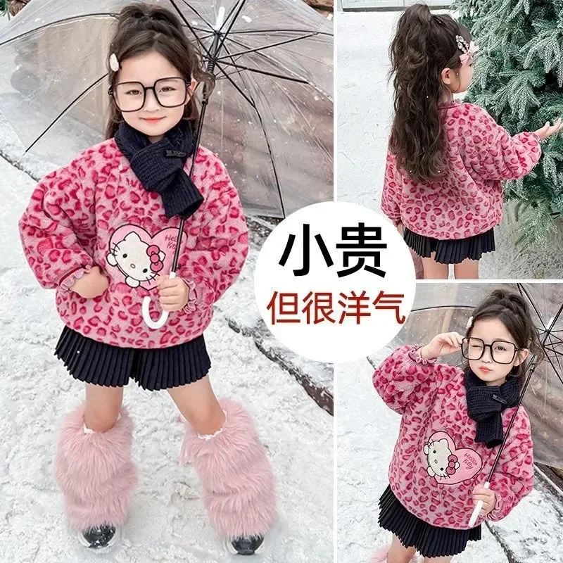 

Sweet Hello Kitty Anime MINISO Long Sleeve Hoodie Clothing Cute Cartoon Kawaii Thickened Fleece Children Shirt Gifts for Kids