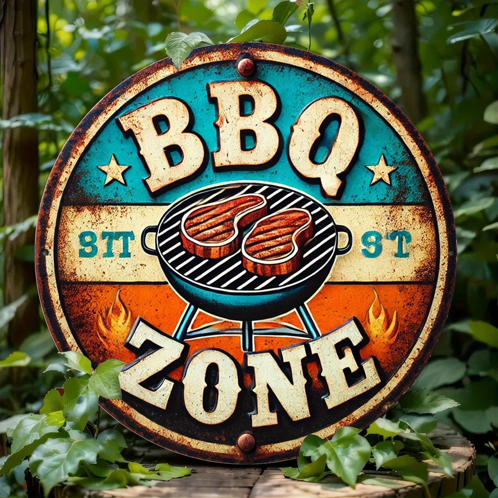 Round Retro BBQ Area Wreath Style Aluminum Sign for Home Cafe Bar Apartment Restaurant Living Room Wall Decor, Holiday Gift