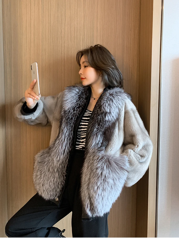 HDHOHR New 100% Natural Importe Mink Fur Coats 2024 Winer Real Fox Fur Jacket Women Fashion Warm Female Short Real Mink Fur Coat