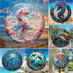 Underwater World SunCatcher Sign,Sea Turtle Seahorse Dolphin Acrylic Sign Translucent Hanging，Window,Garden,Room Home Wall Decor