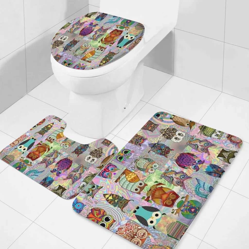 

Psychedelic Owls 3 Sets Bathroom Antiskid Pad Non-Slip Bath Carpet Floor Mat Rug Flannel Baths Mat Toilet mat