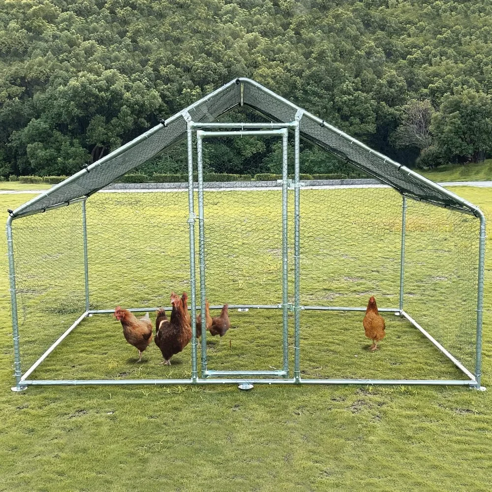 Large Metal Chicken Coop Dog Kennel with Waterproof and Anti-Ultraviolet Cover for Outdoor Farm Use(9.8' L x 6.6' W x 6.4' H)