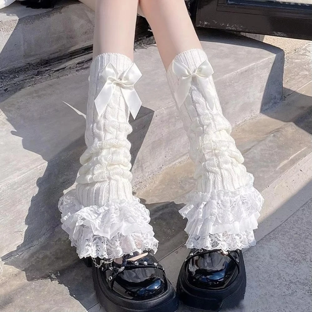 1 Pair Cute Lace Flared Knit Leg Warmers Kawaii Bow White Black Japanese Style Calf Gaiters Sweet Legwarmers