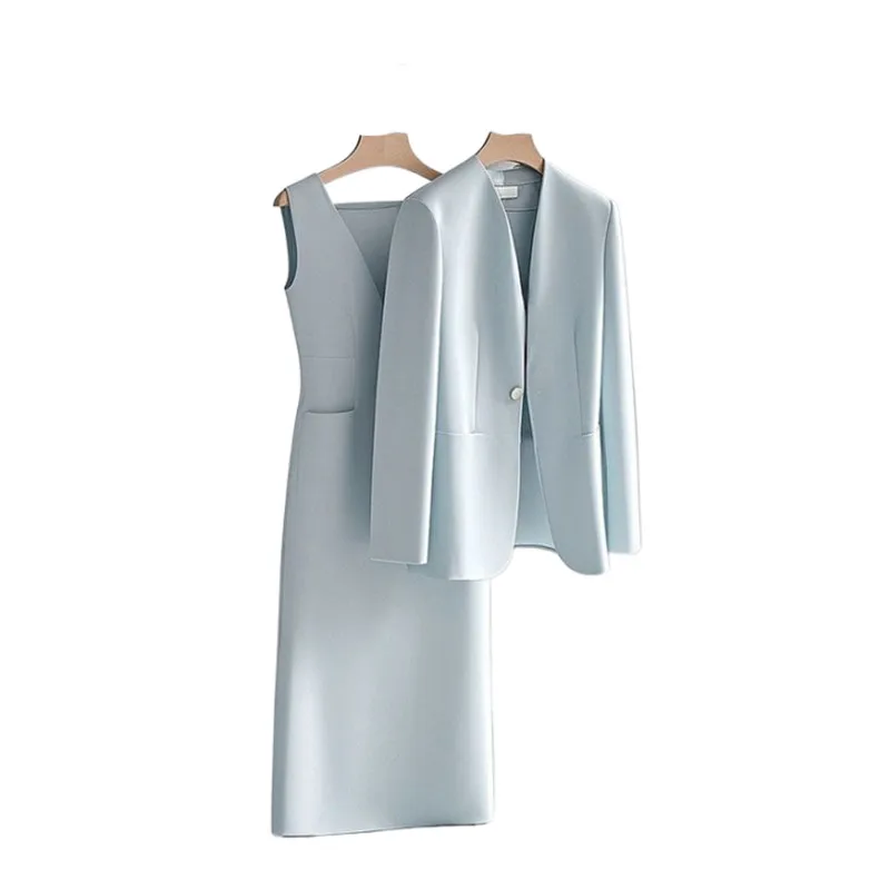 Fashionable and Elegant Women\'s Set Spring and Autumn Western Style High-end Feeling Blue Jacket Casual Dress Two-piece Set
