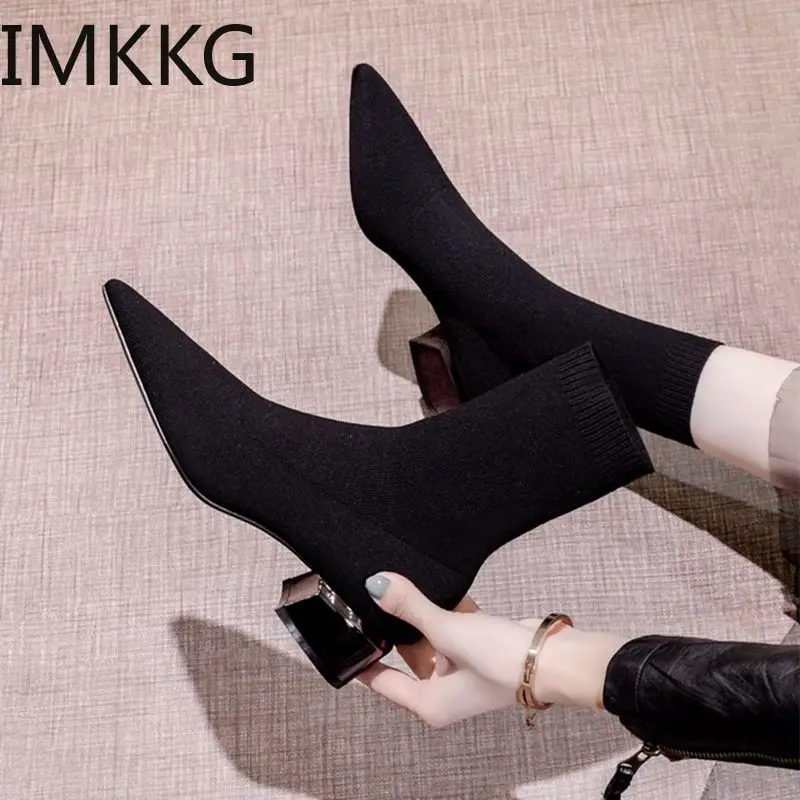 2020 Brand Women Warm Winter Boots Women\'s Mid High-Heeled Pointed Short Knitted Socks Boots Thick Heel Black Booties