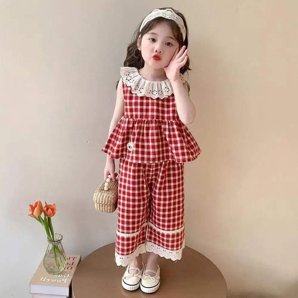 

Girls' Baby Set Summer New Sweet Lace Checkered Tank Top+Wide Leg Pants Two Piece Set 90-140CM