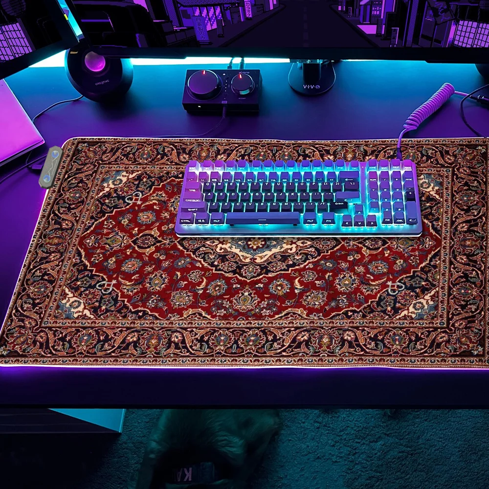 

Коврик для мыши с персидским художественным узором, игровой коврик для мыши, светодиодные настольные коврики, RGB настольные коврики, микро-USB с подсветкой, резиновый настольный компьютер XXL