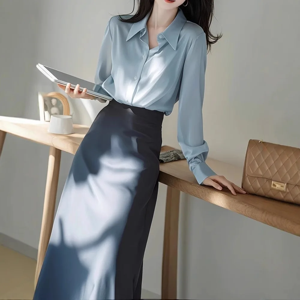 Spring Commute Blue irt Skirt Set Pear Body ape High Cold Sle Powerful Aosphere Strong Women's Wear Casual Sportswear