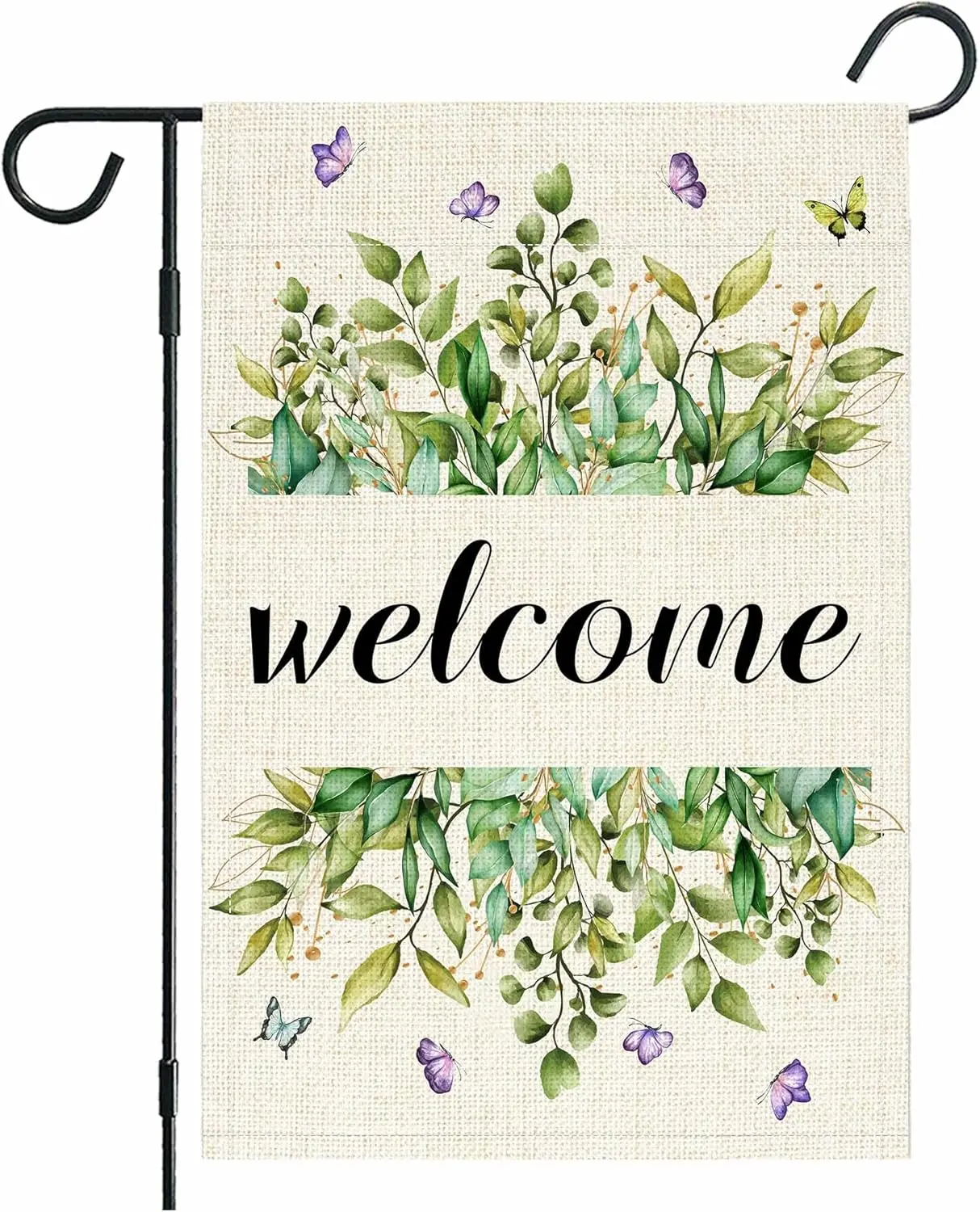 Welcome Spring Summer Eucalyptu Garden Flag 12 x 18 Inch Double Sided, Small Burlap Butterfly Floral Flower Welcome Yard Out PPZ