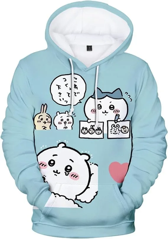 2027 Niedlicher Chiikawa Usagi Hamburger-Print Hoodie Anime Cartoon 3D Pullover Sweatshirt Langarm Freizeit Kapuzenpullover Familien-Set – Detail 15