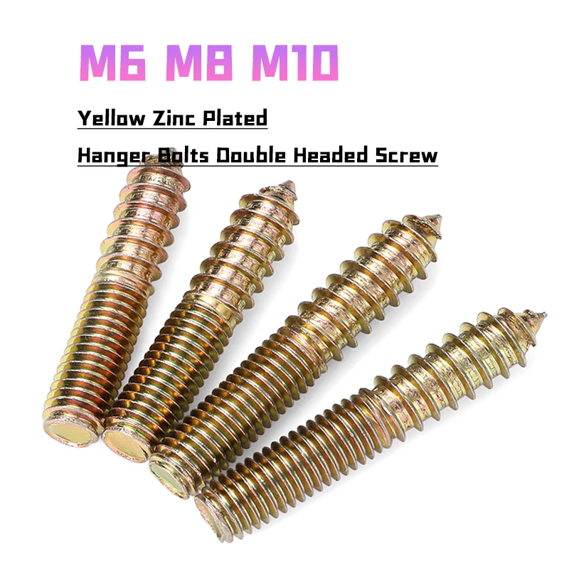 M6 M8 M10 Hanger Bolts Double Headed Yellow Zinc Plated Dowel Screw Self-Tapping Screw for Wood Furniture Length: 30mm to 100mm