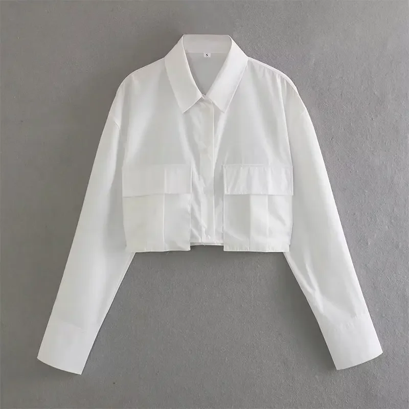 2024 Women Solid White Blouse Long Sleeve With Pocket Casual Loose Chic Tops Office Lady Fashion Basic Versatile Shirt