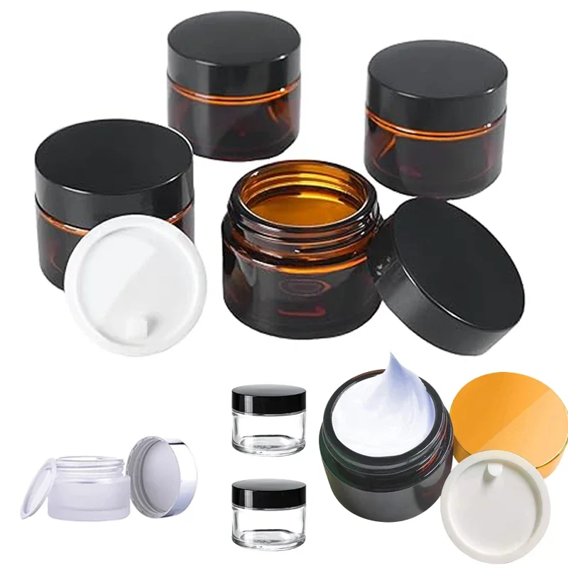

10Pcs 5g-100g Clear/Amber/Frosted Round Glass Jars W/ Inner Liners&Lid Candle Jar Sample Container For Lotion Creams Powders