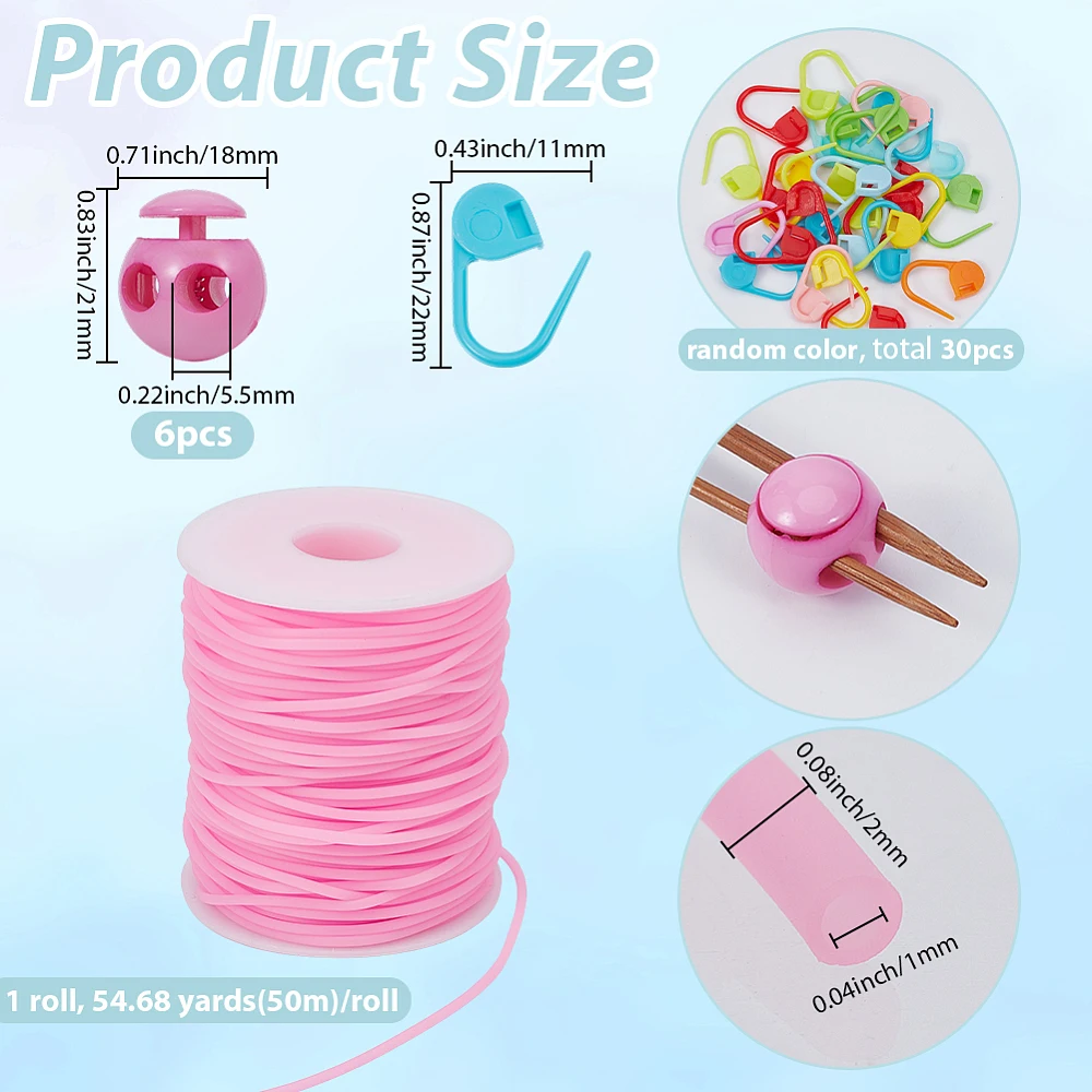 30Pcs Knitting Stitch Marker 50M/54.68 Yards Hollow Pipe Rubber String 6Pcs Plastic Cord Locks Pink Crochet Locking Stitch