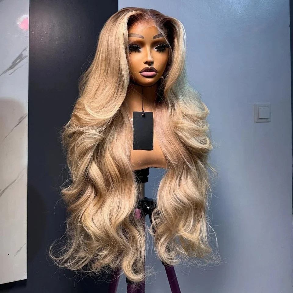 Ombre Blonde Wigs Long Wavy Middle Part Wig 13x4 Ombre Blonde Upgraded Protein Fiber Hair Replacement Cosplay Costume Halloween