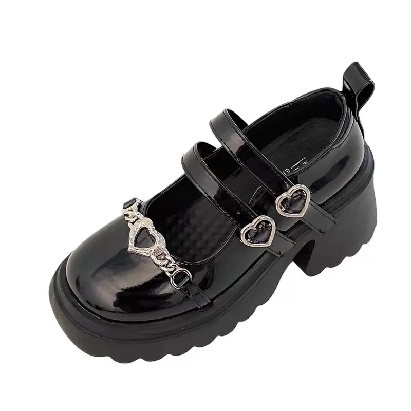 Sweet Heart-Shaped Buckle Lolita Shoes Women Patent Leather Platform Mary Jane Shoes Woman Metal Decoration Chunky Heels Pumps
