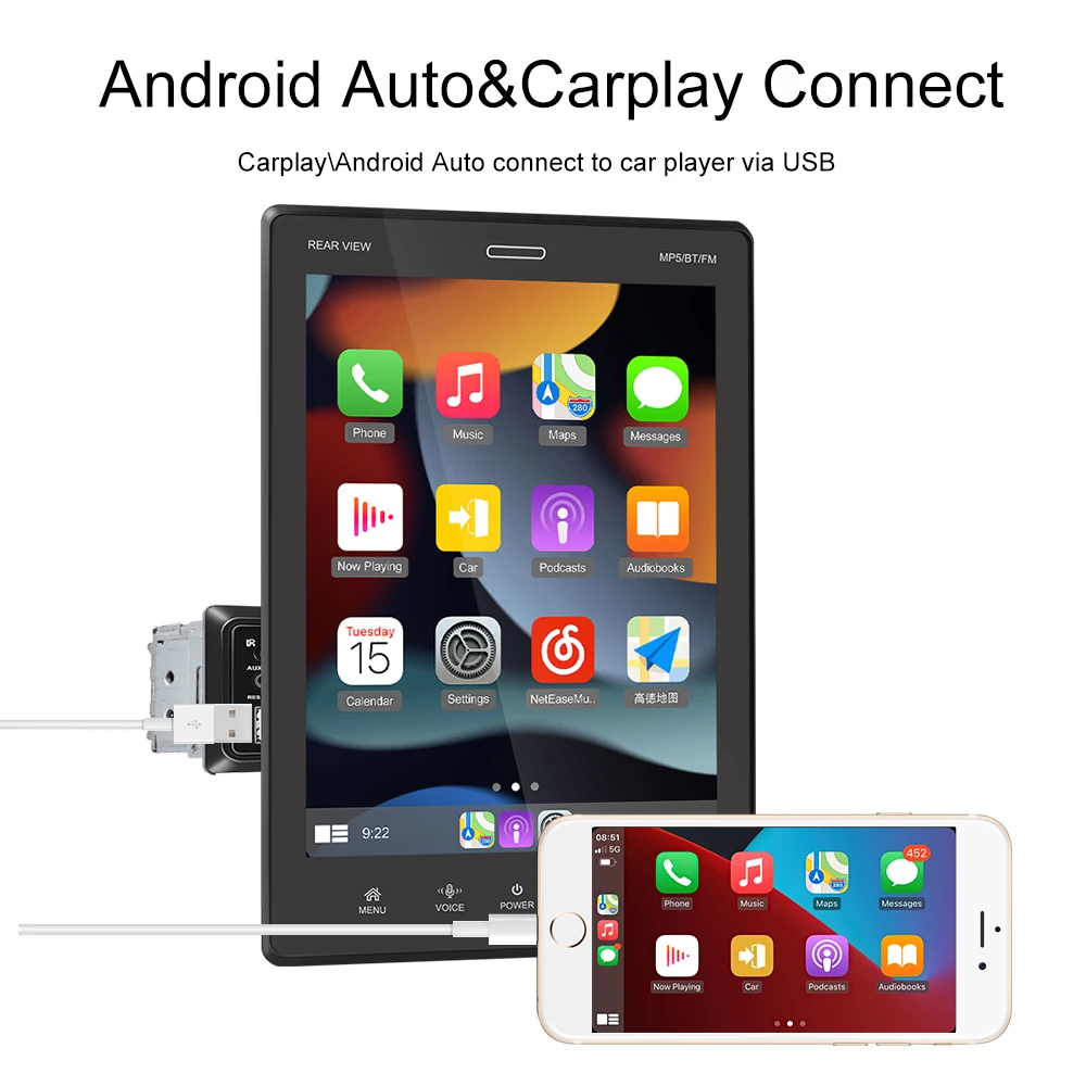 Podofo 1 Din Car Stereo Radio 9.5'' Carplay 4G WIFI DSP Android Auto Bluetooth Split Screen Automotive Multimedia Video Player