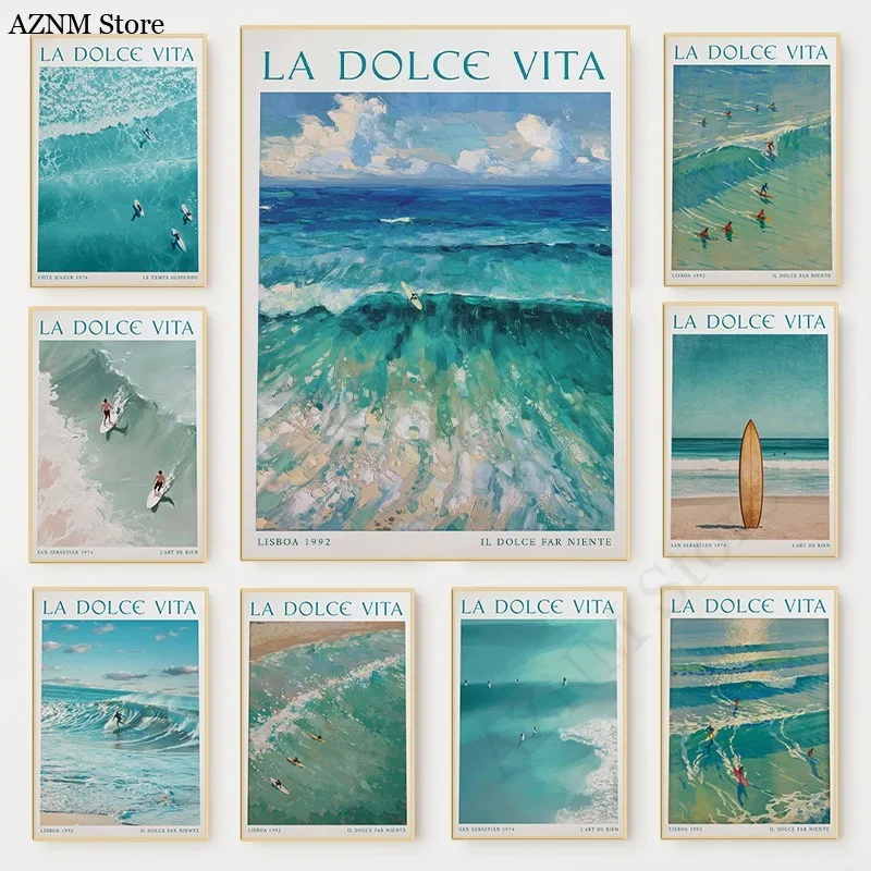 Minimalist Summer Surfing Poster La Dolce Vita Blue Beach Co