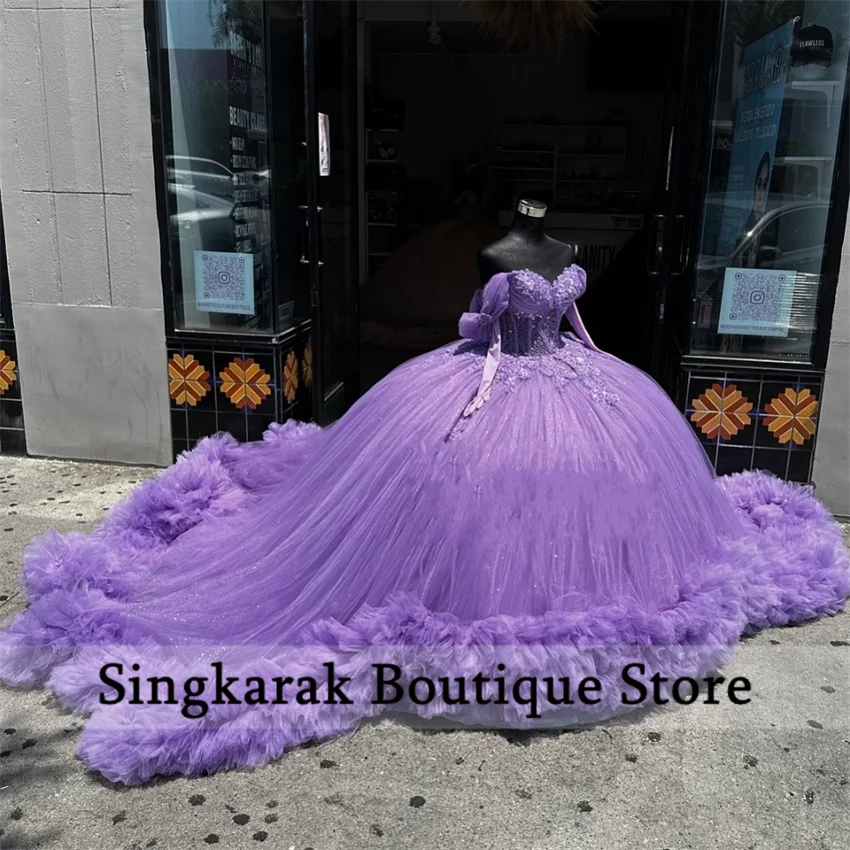 Mexico Purple Lavender Sweetheart Quinceanera Dresses Ball Gown Beaded Appliques Ruffles Sweet 15 16th Gowns Vestidos Customized