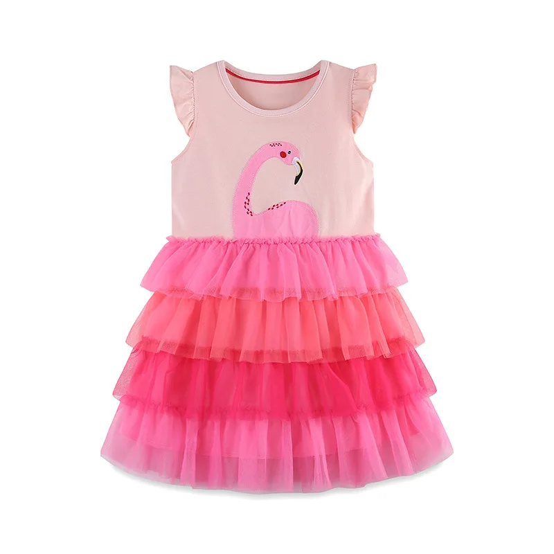 2024 Summer Girl Skirt Puff Sleeve Mesh Skirt Animal Cartoon Puffy Princess Press Girl Toddler Round Neck Cake Dress