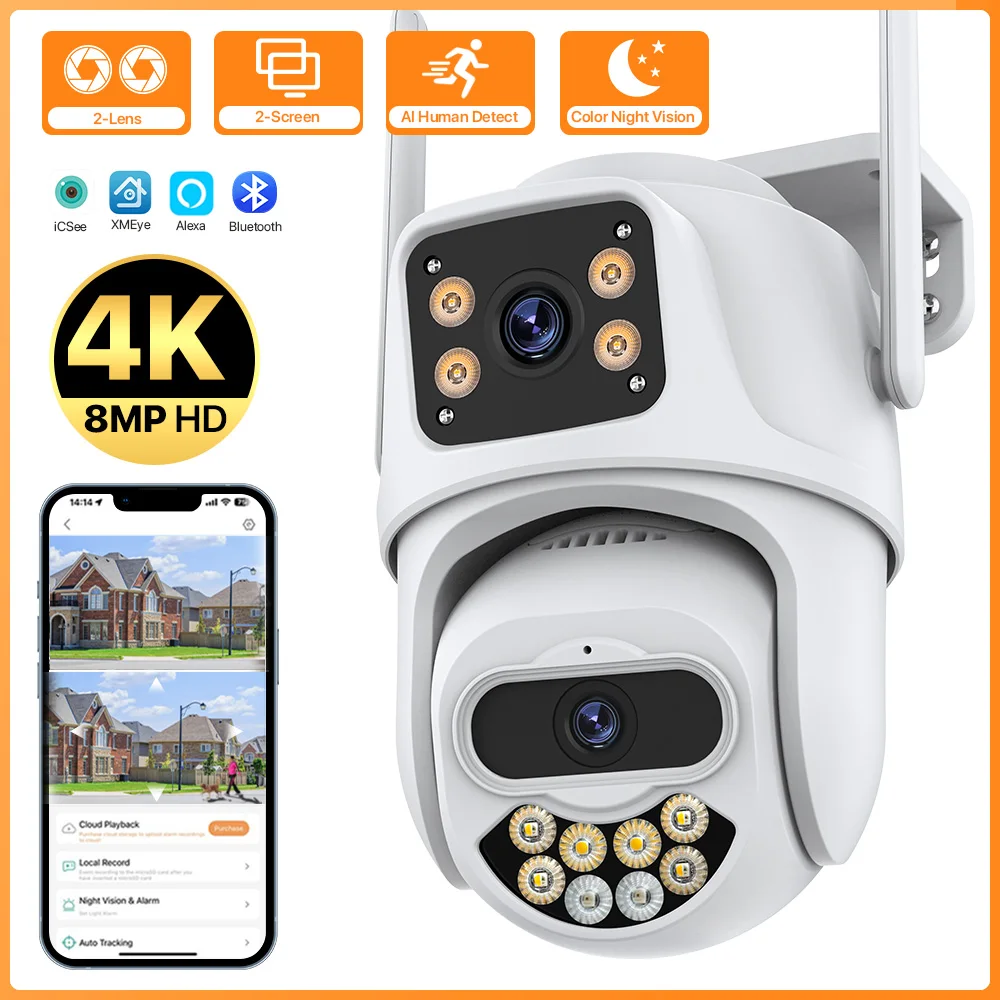 8MP 4K Dual-Lens WIFI PTZ Camera 4MP HD Dual Screen Outdoor IP Camera Auto Tracking Security Camera P2P CCTV Surveillance iCSee