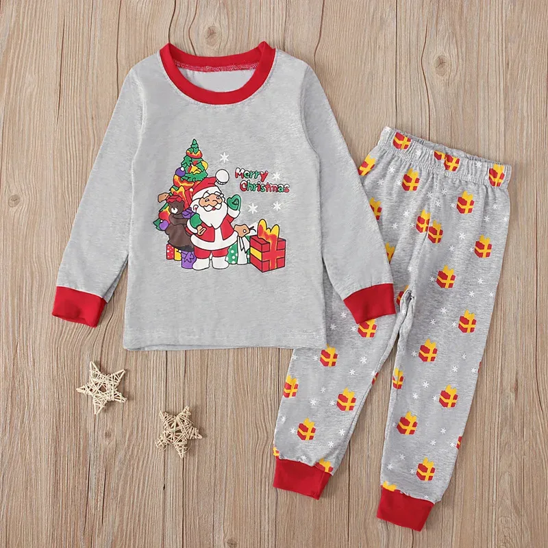Pijamas grises con estampado de Papá Noel para niños, camiseta y pantalones para bebés, ropa de dormir suave de 2 piezas, conjunto de ropa para niños