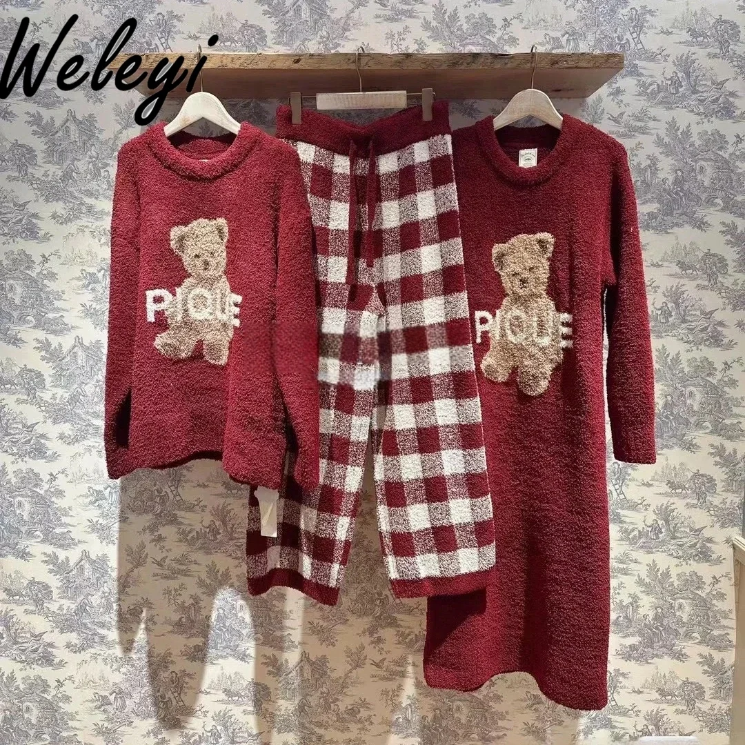 Cute GP Japanese Soft Loungewear Women Winter Warm New Year Christmas Red Sweet Bear Plaid Half Velvet Pijama Mujer Sleep Wears