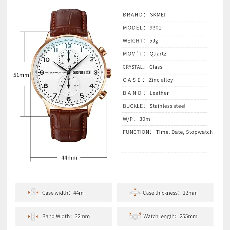 SKMEI 9301 مقاوم للماء كوارتز رجالي ساعات رجال الأعمال ساعة دائم الصلب الغوص الرجال ساعة اليد ساعة Reloj Masculino 1986