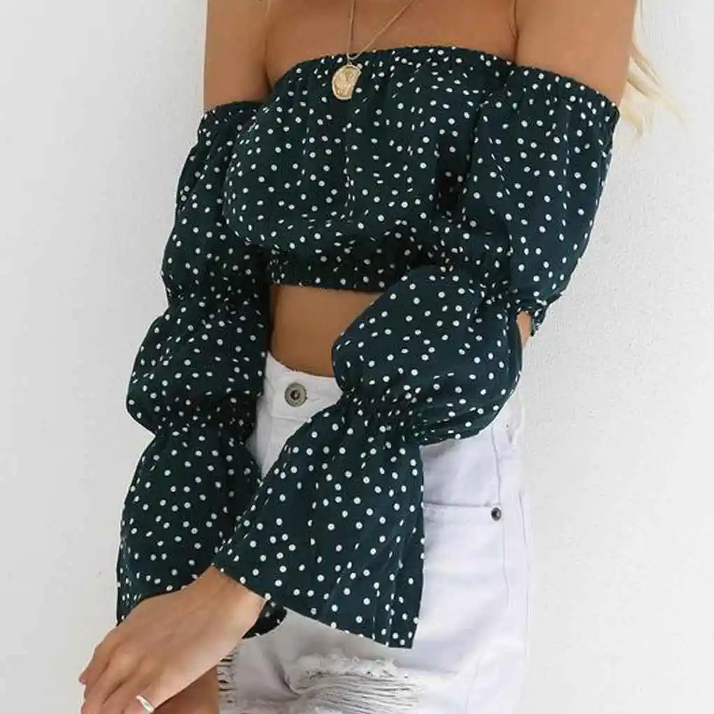 المرأة دوت طباعة قبالة الكتف المحاصيل الأعلى طويلة الأكمام بلوزة قصيرة مرنة #6