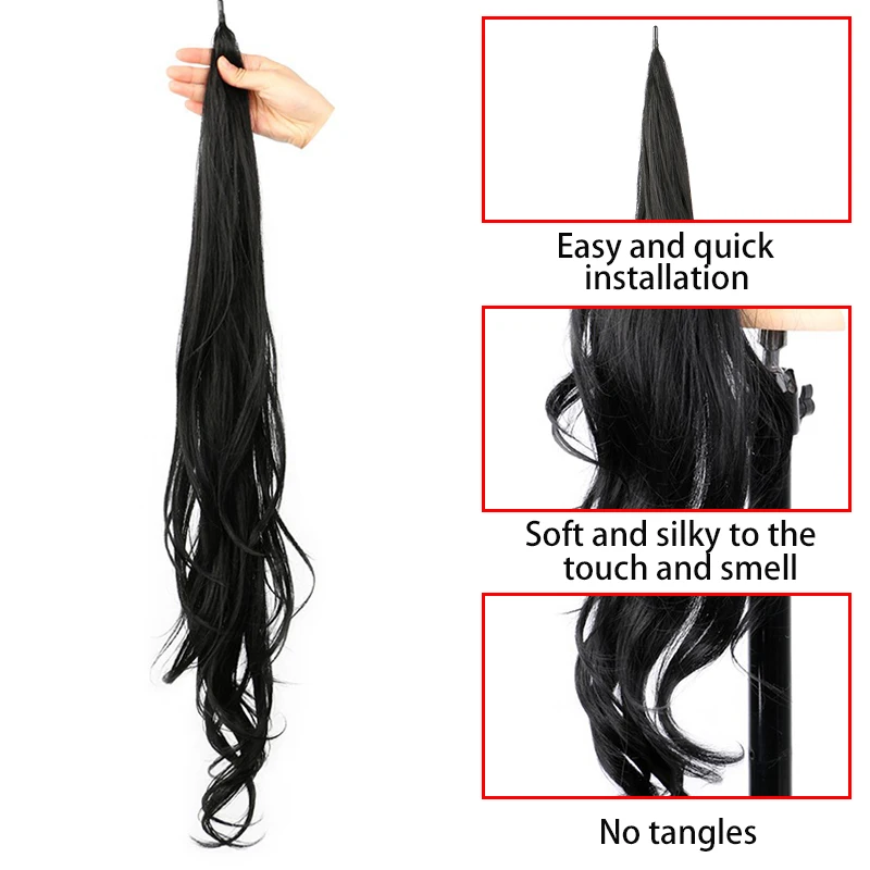 Extensões sintéticas do cabelo do rabo de cavalo para mulheres, longas, onduladas, flexíveis, envoltório ao redor, cabelo falso, rabo de cavalo, encaracolado, louro, peruca