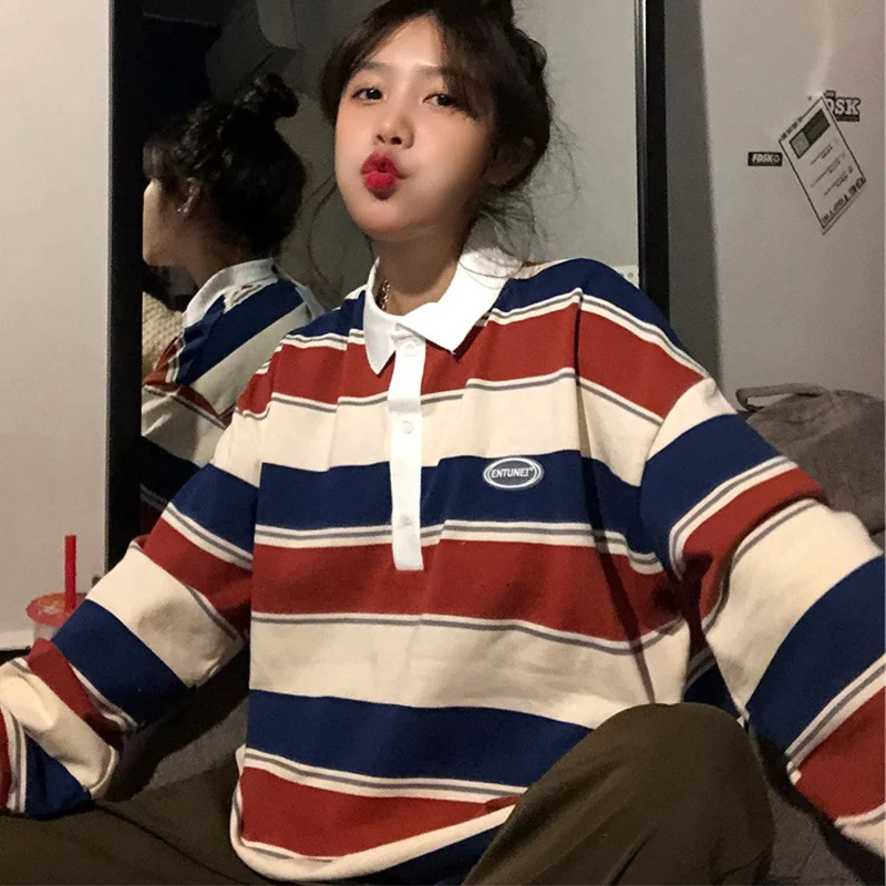 ファッションミックスカラーストライプスウェット女性ポロ襟長袖プルオーバー女性のためのルーズレターパターンプルオーバー Mujer