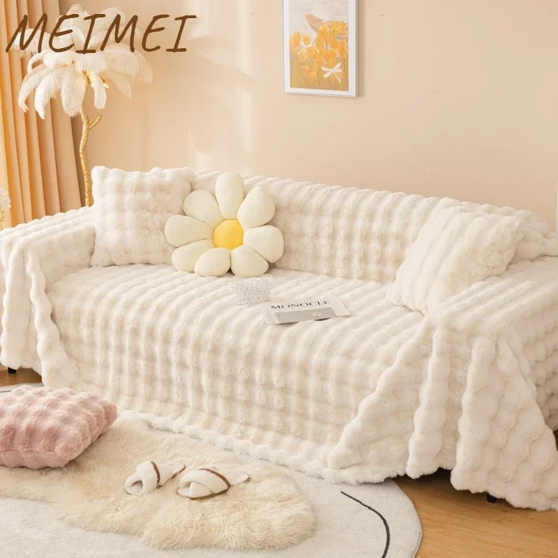 

Thickened Non-slip Plush Cushion Sofa Cover Winter Light Luxury Sofa Towel Warm Artificial Rabbit Velvet Couch Decor Blankets