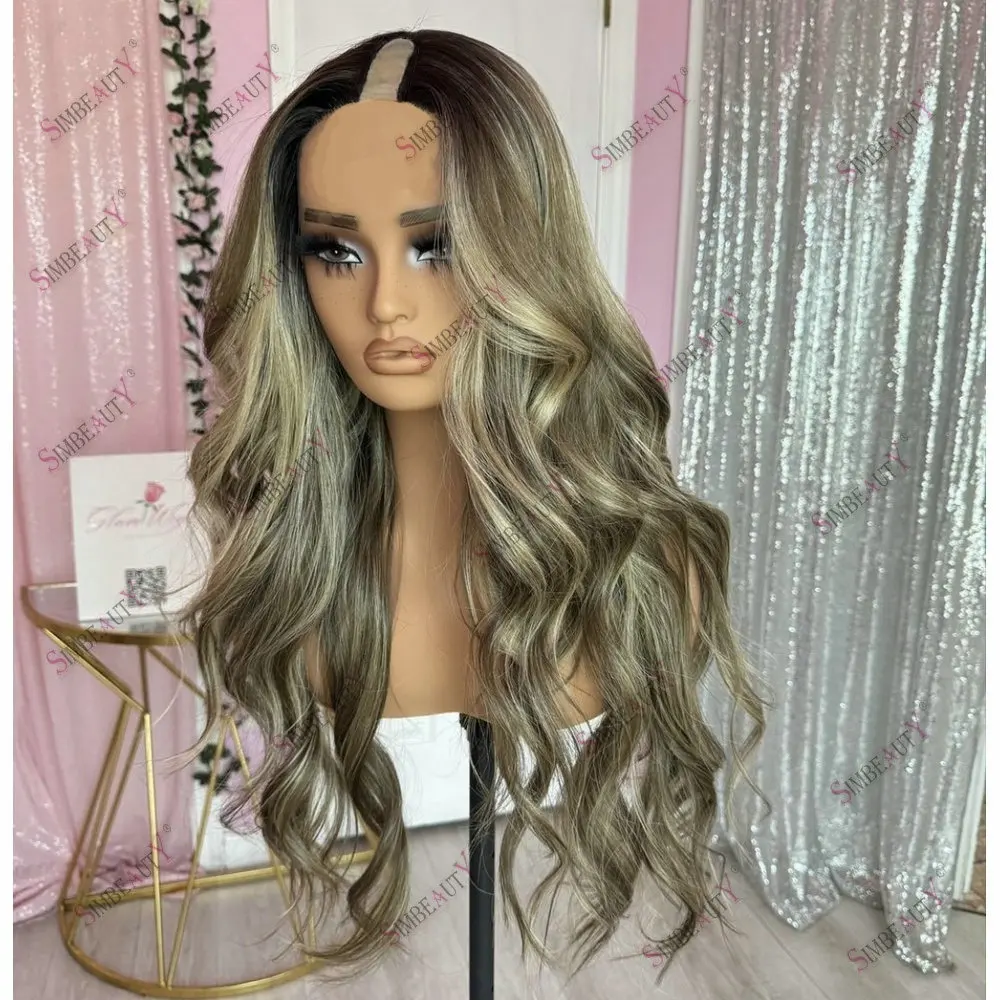 

Blonde Hightlight U Part Wig Human Hair for Women Dark Roots Ombre Brown Blonde Balayage Glueless 1x4Size V Part Wig Indian Hair