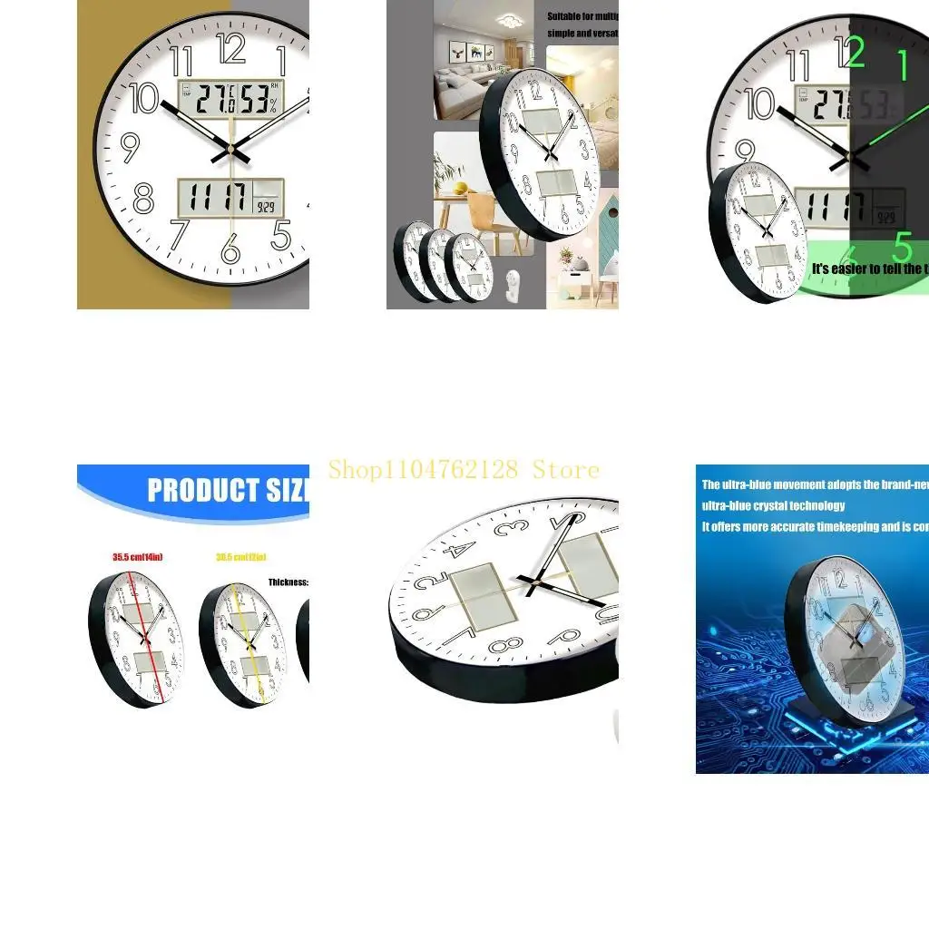 Quiet Battery Power Wall Clock with Glowing Feature Round Desigs with Temperature Humidity Week Display 10in 12in 14in best sale